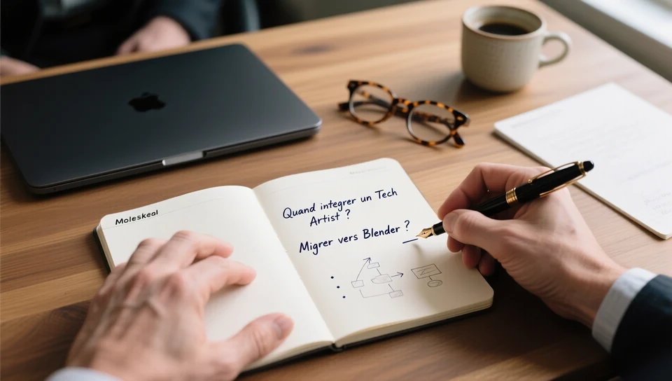 Mains qui écrivent dans un carnet Moleskine deux questions de l'article — « Quand intégrer un Tech Artist ? » et « Migrer vers Blender ? » — à côté d'un MacBook fermé et d'une tasse de café.